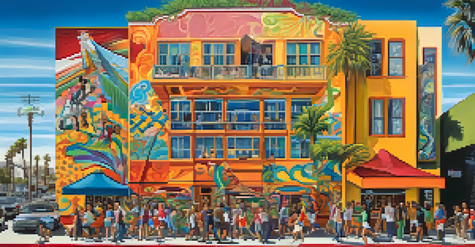A colorful mural depicting a lively community scene in Santa Monica, showcasing diverse people and artistic expressions.