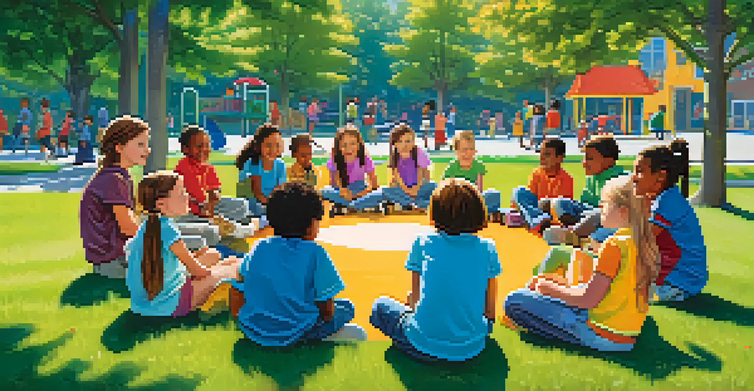 Children sitting in a circle on the grass during an after-school program, sharing stories and enjoying each other's company, with a playground in the background.