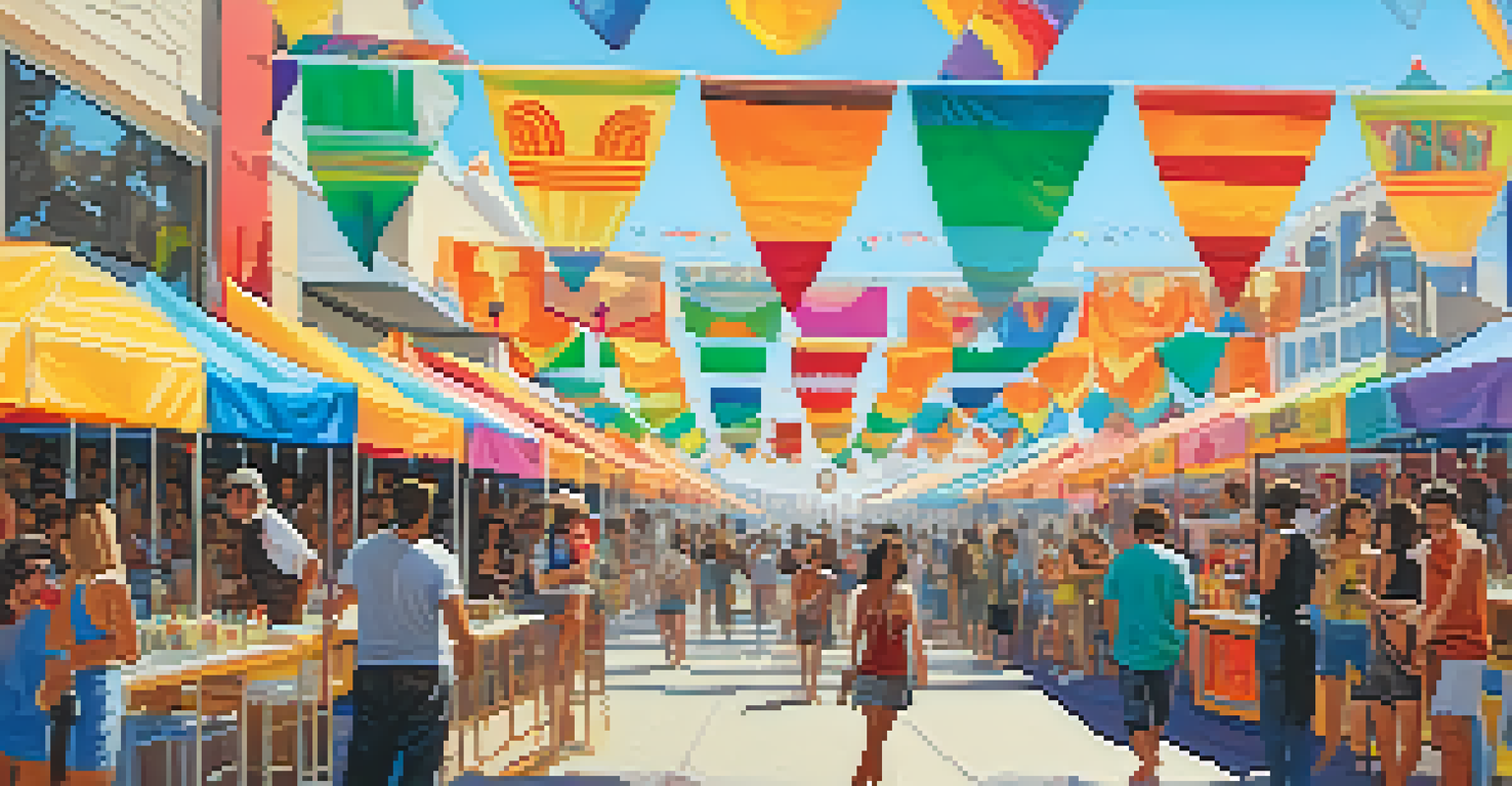 A vibrant festival showcasing cultural diversity, with art installations, food stalls, and people enjoying the celebration under the sun.