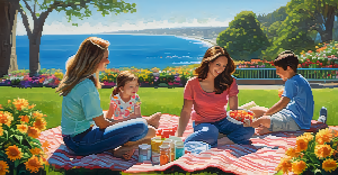 A family having a picnic in Palisades Park surrounded by colorful flowers and the ocean in the background.