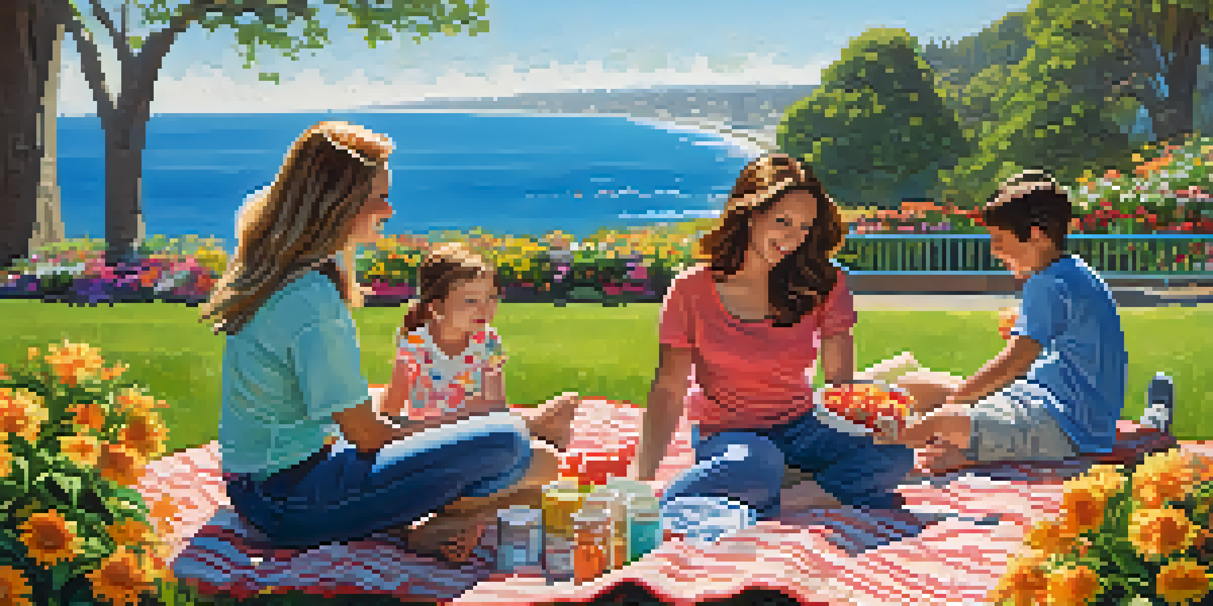 A family having a picnic in Palisades Park surrounded by colorful flowers and the ocean in the background.
