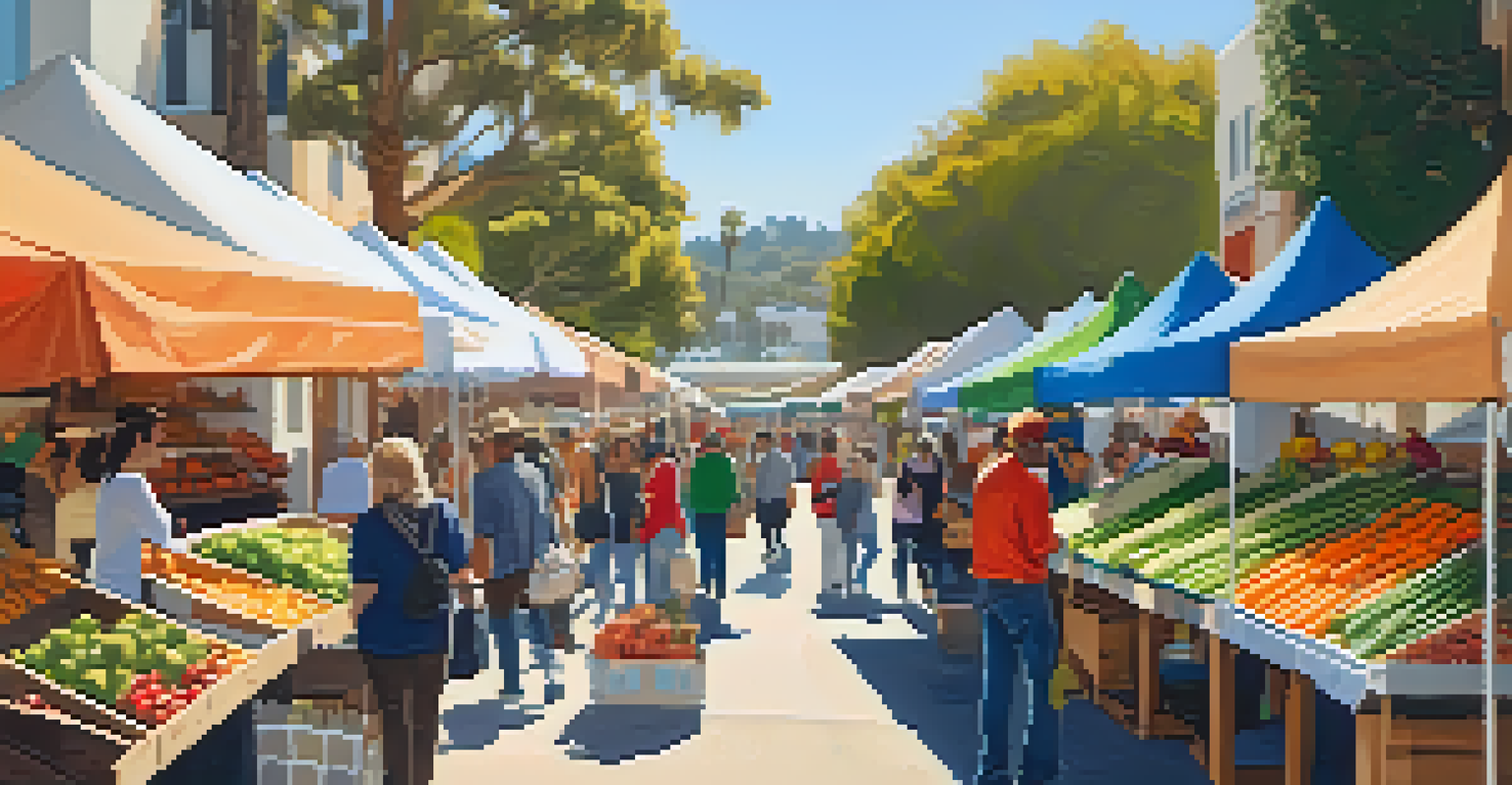 A lively farmers market in Santa Monica with bright stalls of fruits and vegetables, and people engaging with vendors in a sunny outdoor setting.