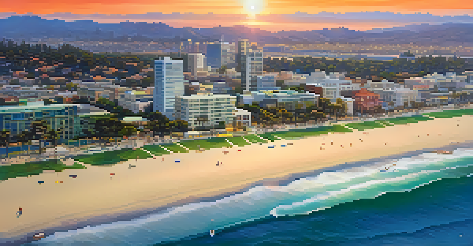 An aerial view of Santa Monica showing beaches, buildings, and parks against a sunset sky.