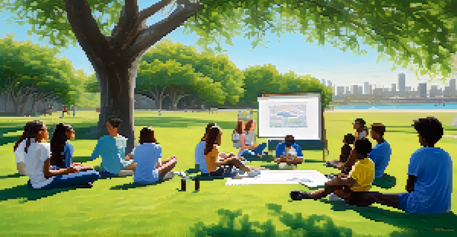 A group of teenagers engaged in an outdoor civic education workshop, sitting on the grass with a facilitator explaining concepts on a whiteboard, surrounded by trees and blue sky.