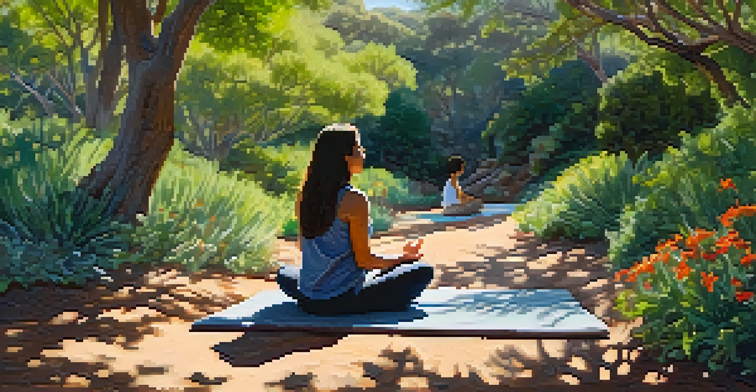 A person meditating in a peaceful garden surrounded by greenery and flowers, with sunlight filtering through the trees.