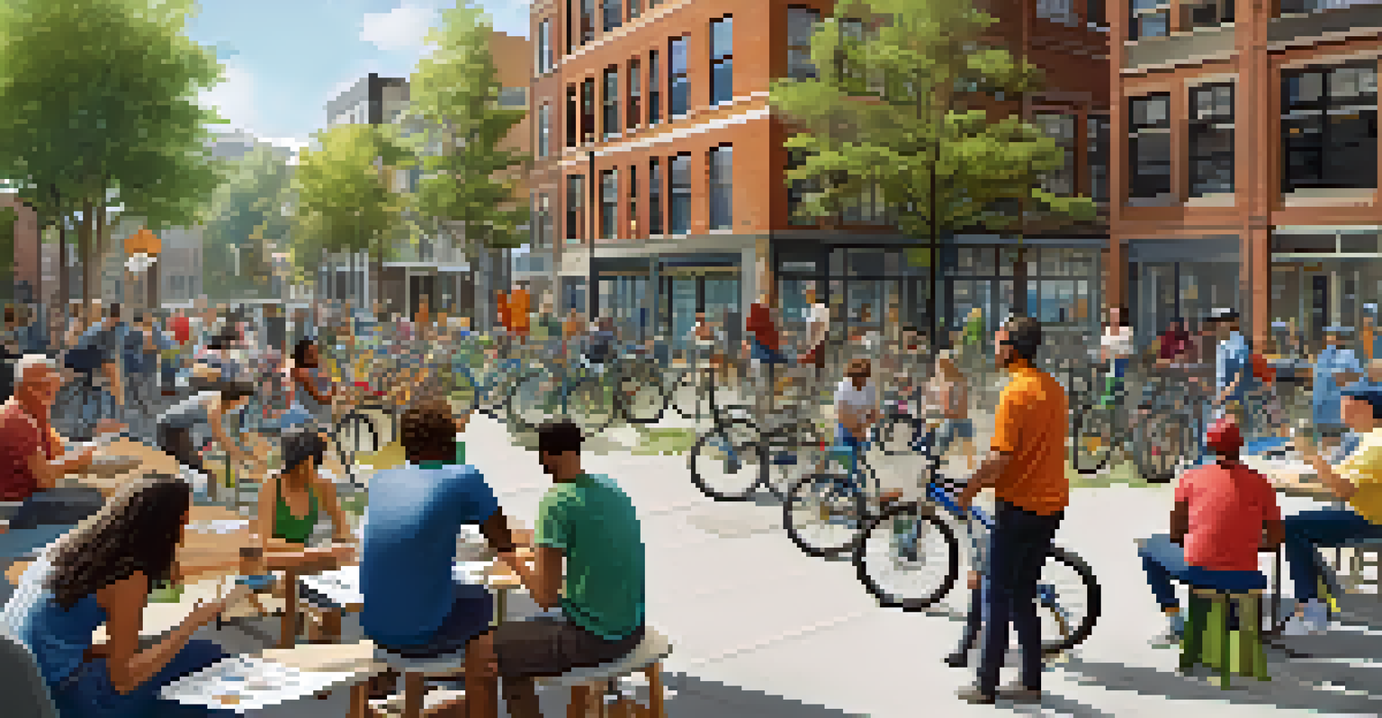 A community workshop with residents discussing bike parking designs, surrounded by sketches and banners.