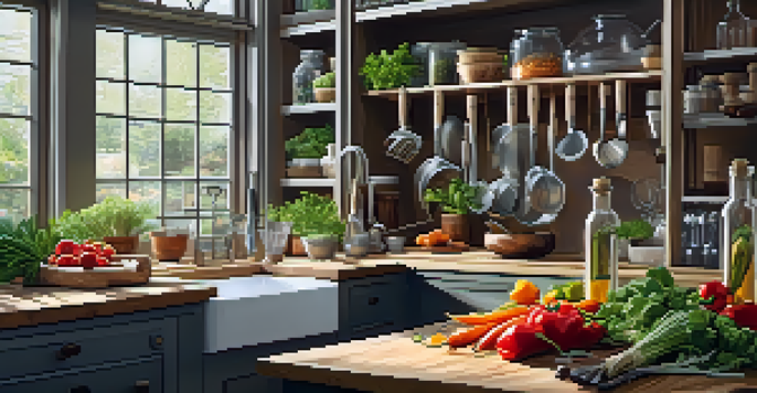 A kitchen workspace with fresh vegetables, herbs, and spices on a wooden countertop, illuminated by natural light.