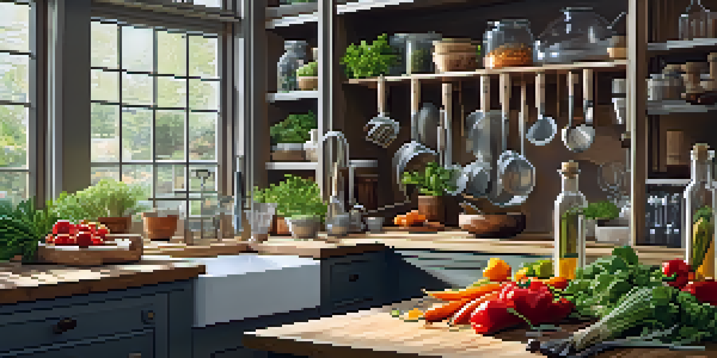 A kitchen workspace with fresh vegetables, herbs, and spices on a wooden countertop, illuminated by natural light.
