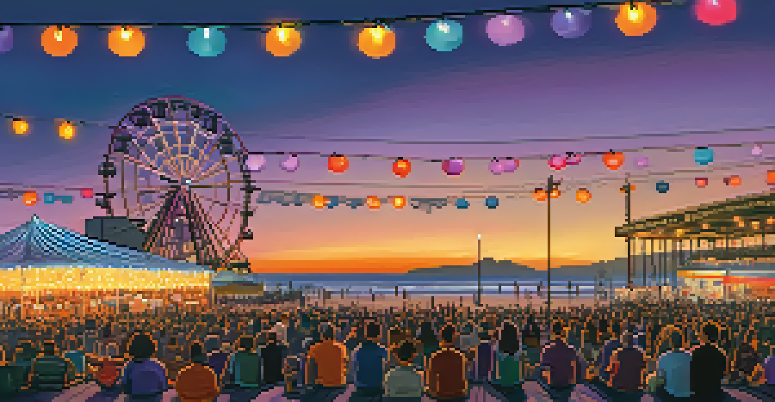 A sunset view of Santa Monica Pier with a crowd gathered for the Twilight Concert Series, decorated with lights.