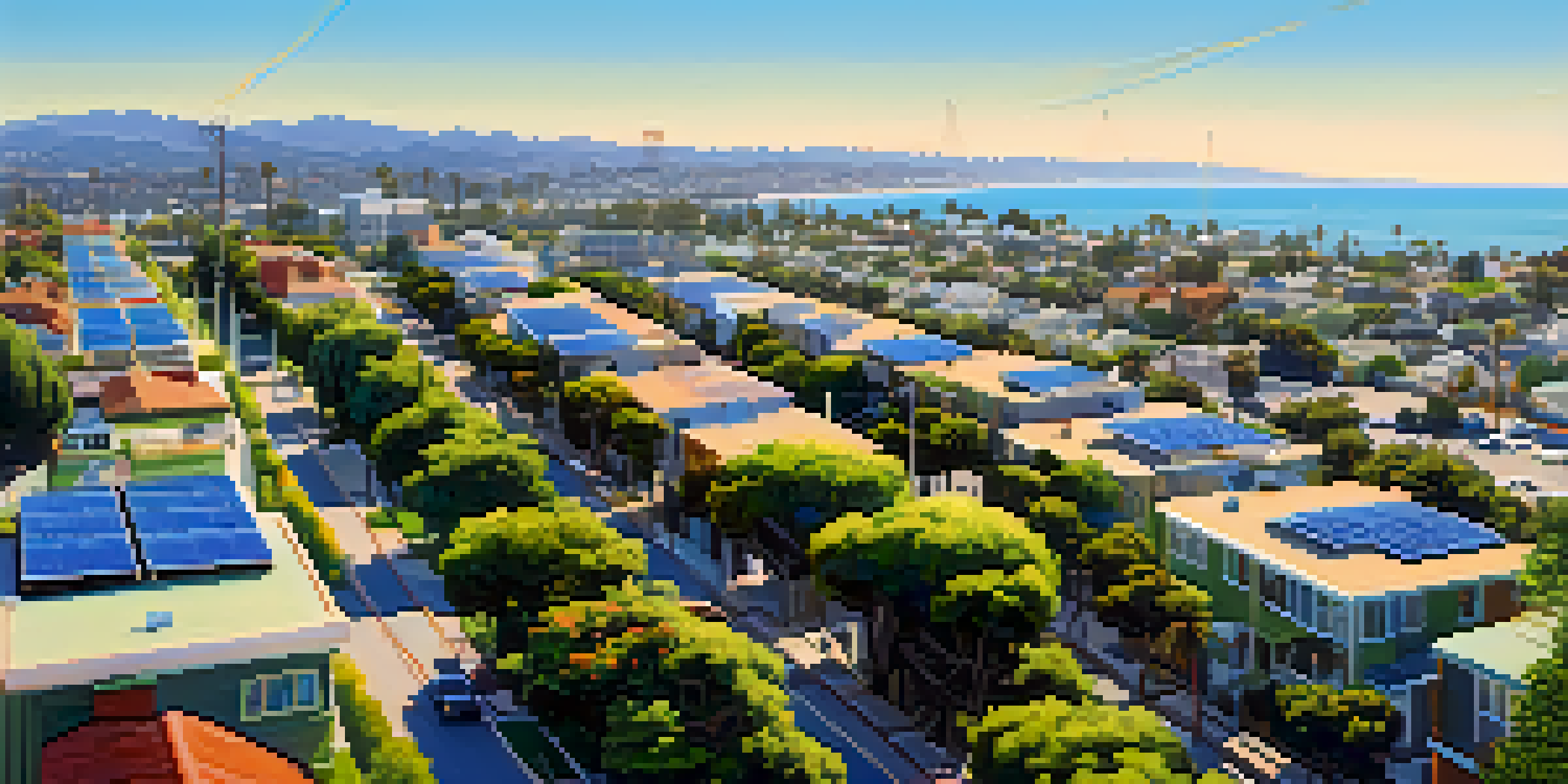 A bright and sunny view of Santa Monica with solar panels and smart meters in a green park setting.