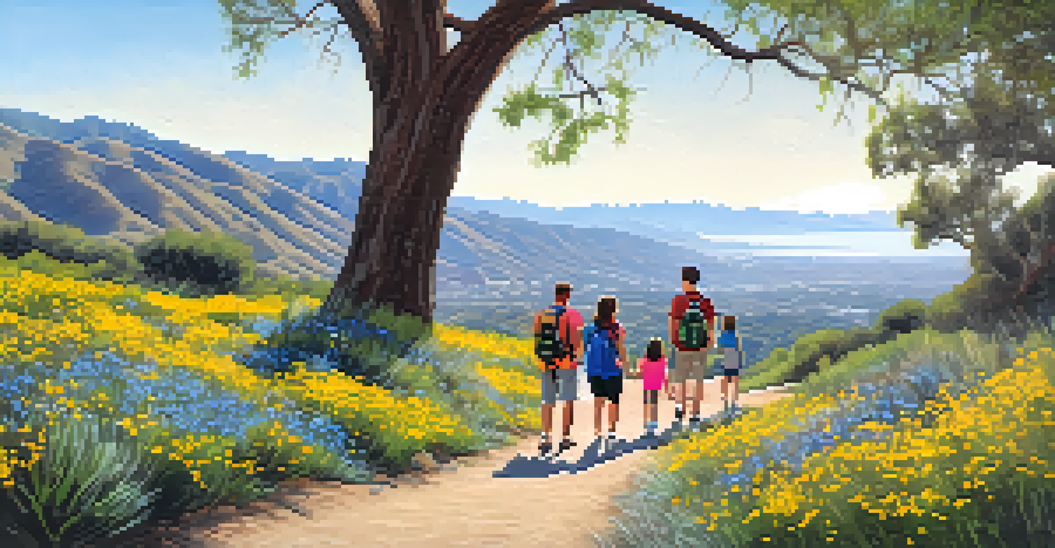 A family hiking on a scenic trail in Will Rogers State Historic Park with mountains in the background.