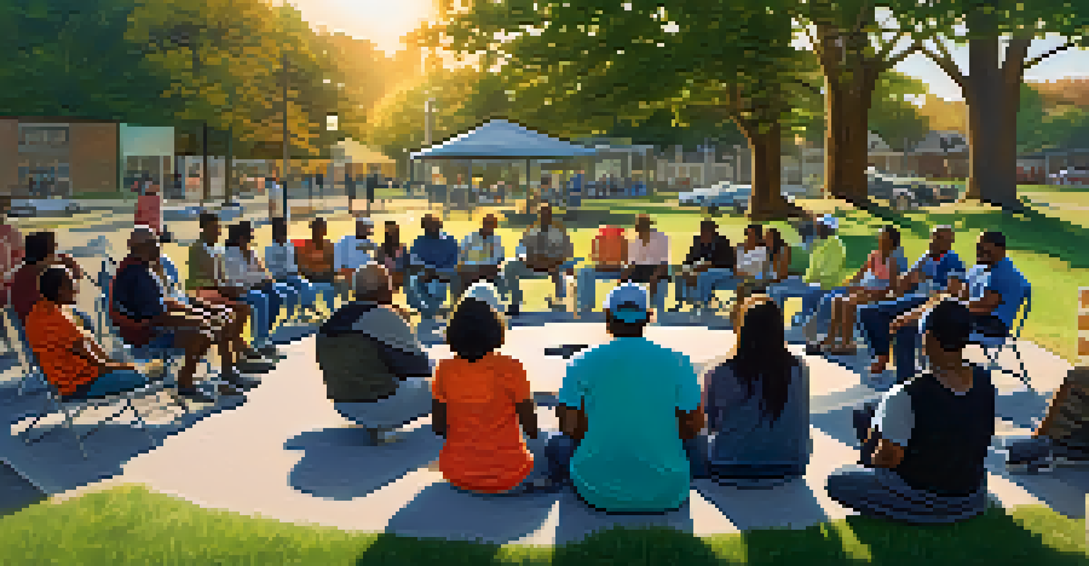 Residents gathered in a park for a community meeting about neighborhood safety, with a leader speaking to an attentive audience during sunset.
