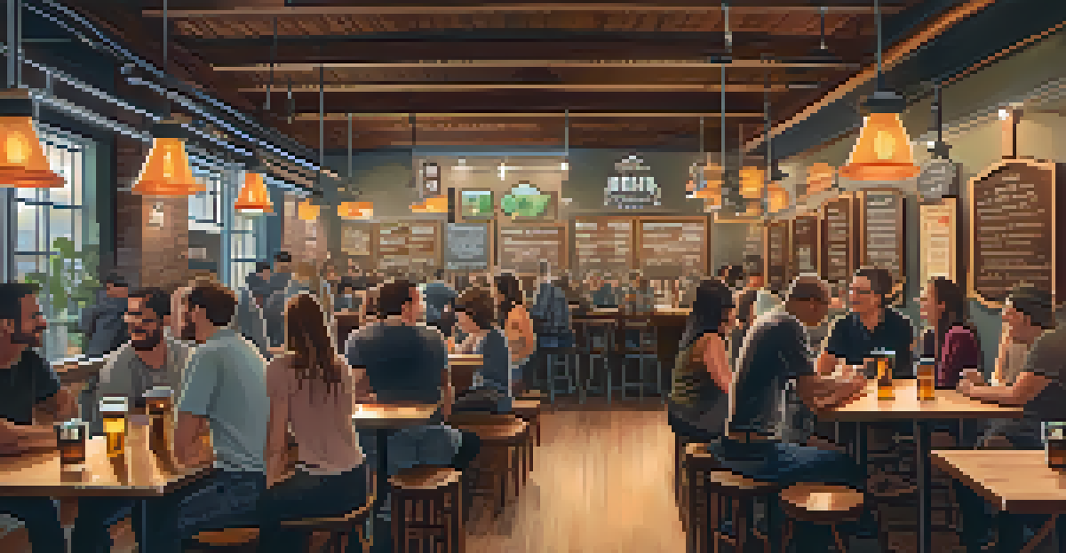 The cozy interior of a Santa Monica brewery with warm lighting, local art on the walls, and people enjoying food and drinks at wooden tables.
