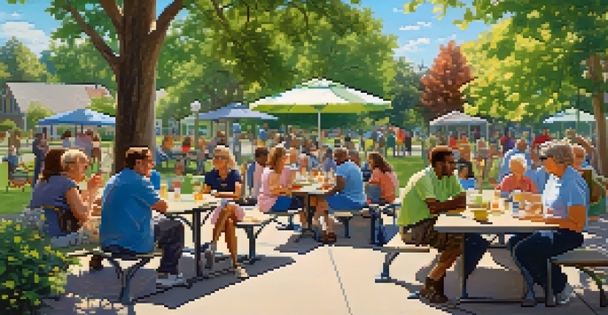 Diverse residents gathered at a picnic table in a community park, discussing safety strategies under a sunny blue sky.