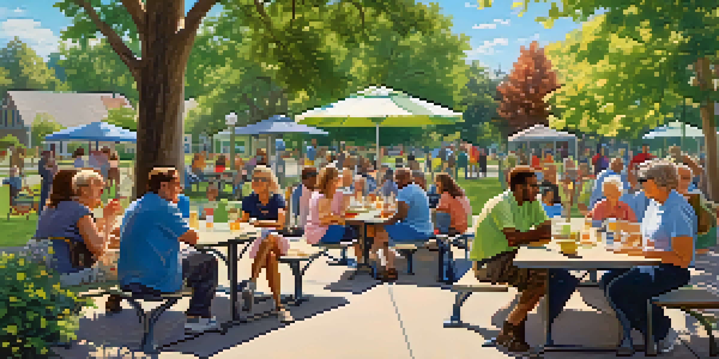 Diverse residents gathered at a picnic table in a community park, discussing safety strategies under a sunny blue sky.