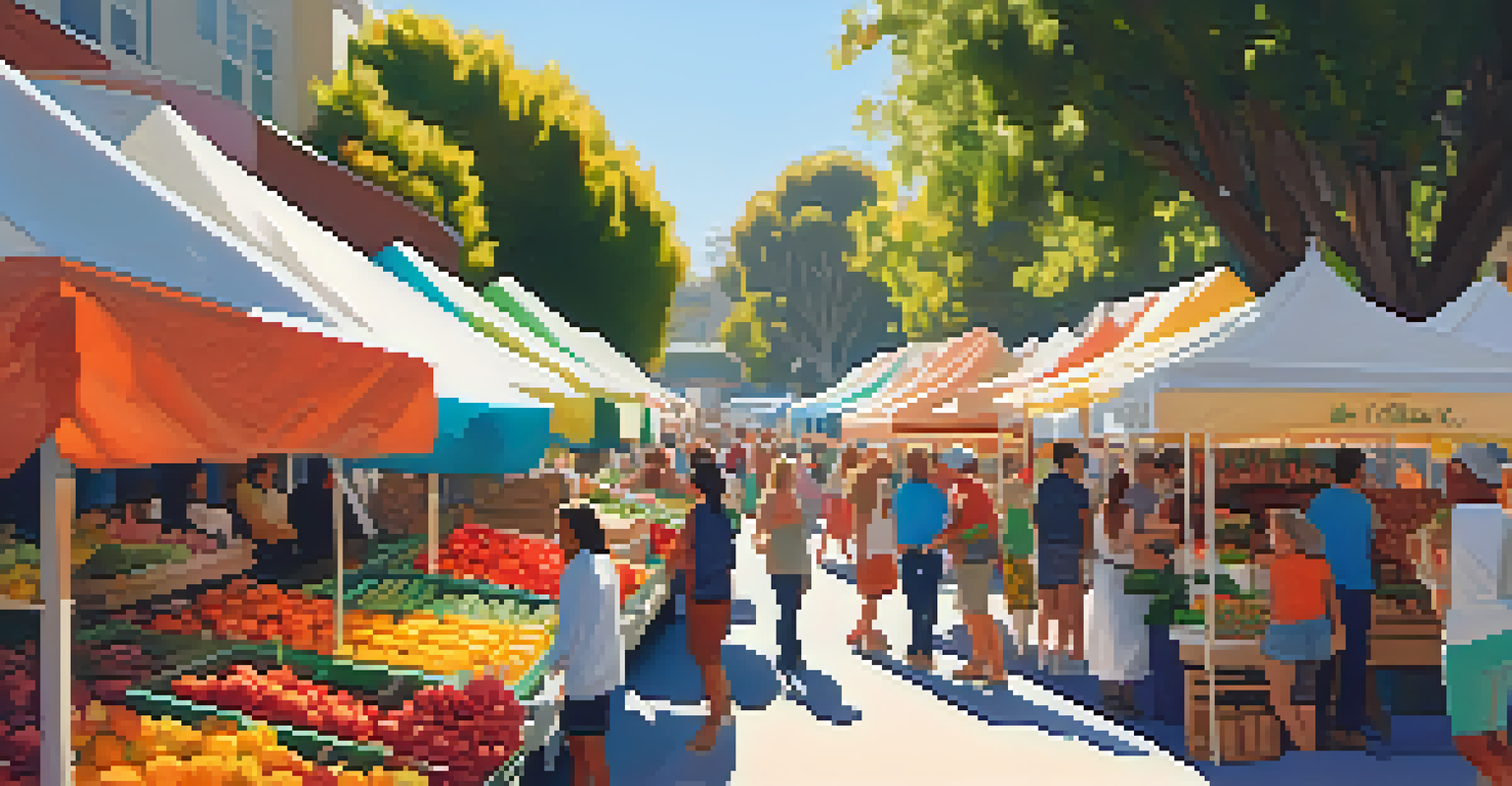 A lively farmers market in Santa Monica with colorful stalls and people interacting.