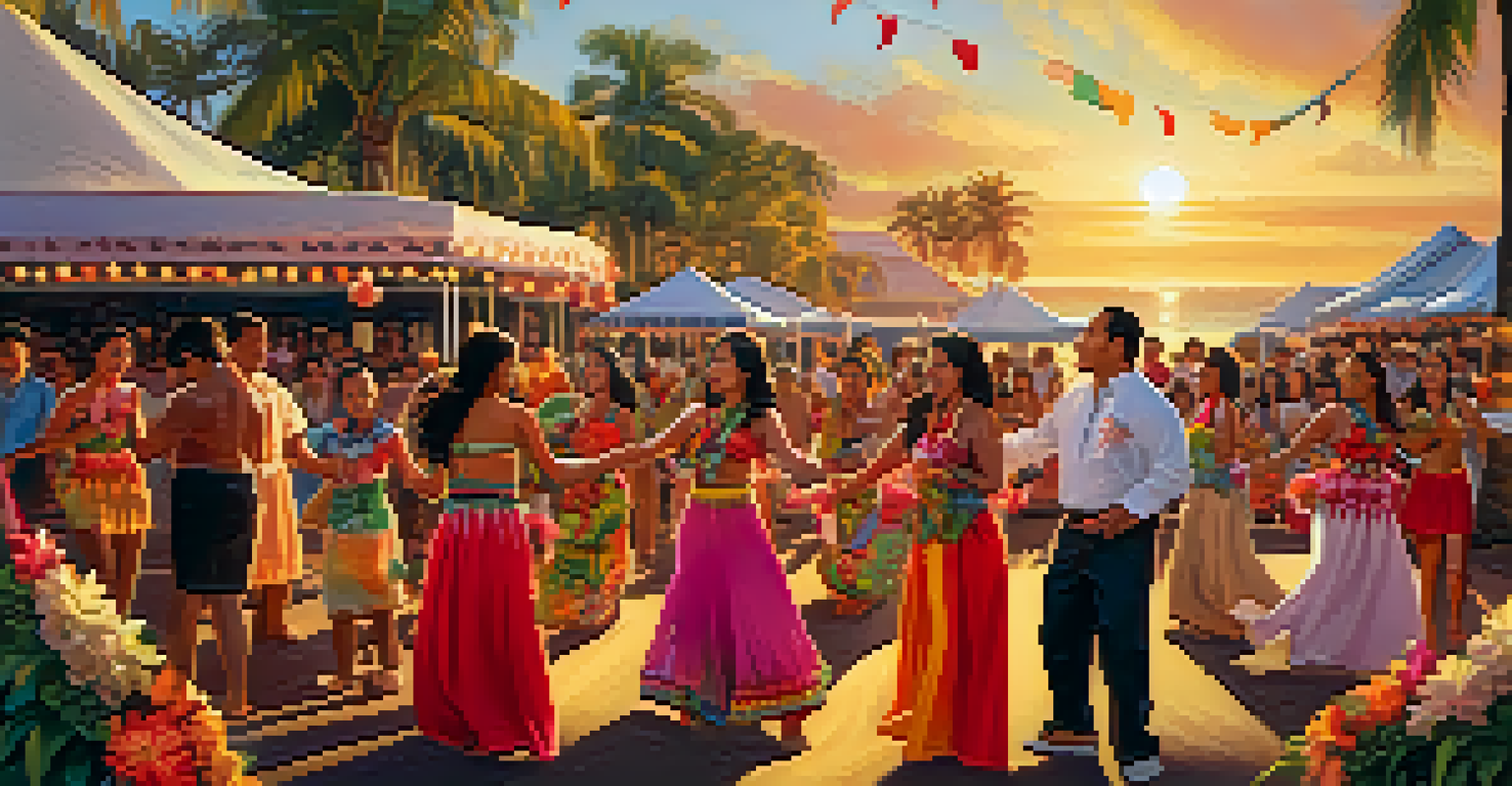 Performers dancing at the Pacific Park Festival with vibrant decorations and food stalls.