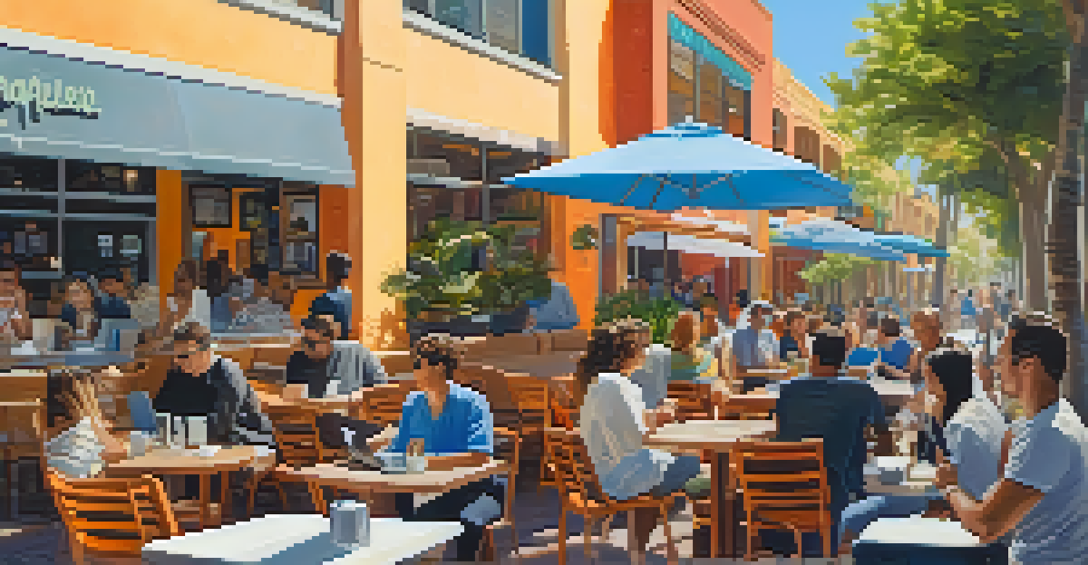 An outdoor coffee café with people working on laptops and enjoying drinks, surrounded by colorful plants and artwork.