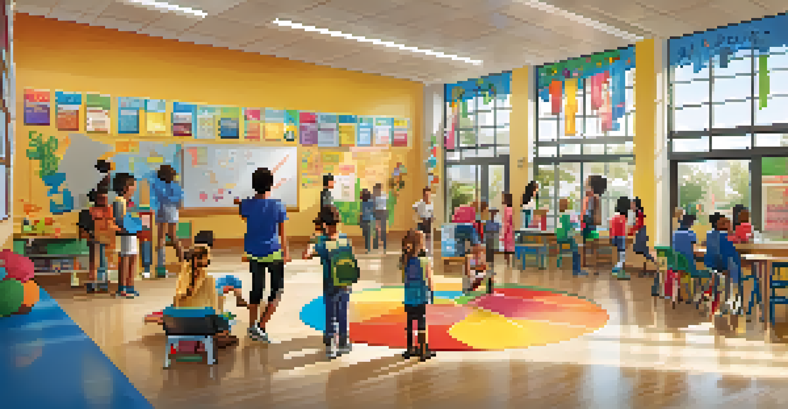 A lively community center in Santa Monica with children engaged in a group project and mentors guiding them, decorated with colorful banners.