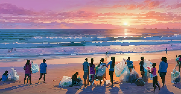 A community beach clean-up at sunset in Santa Monica, with people collecting trash along the shoreline and colorful skies above.