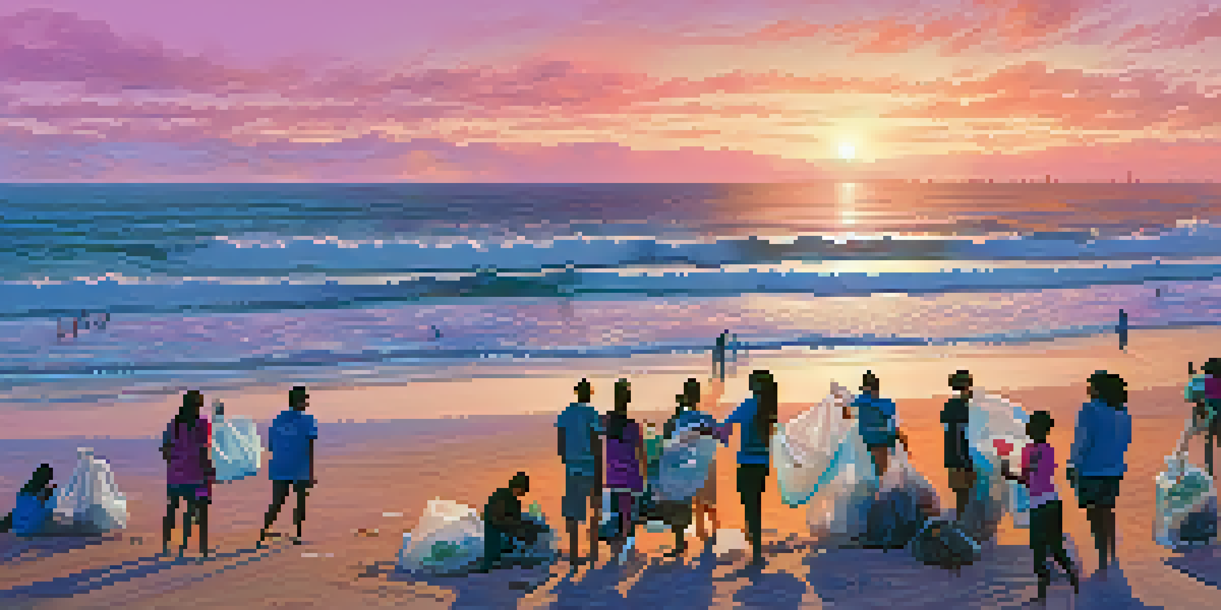 A community beach clean-up at sunset in Santa Monica, with people collecting trash along the shoreline and colorful skies above.