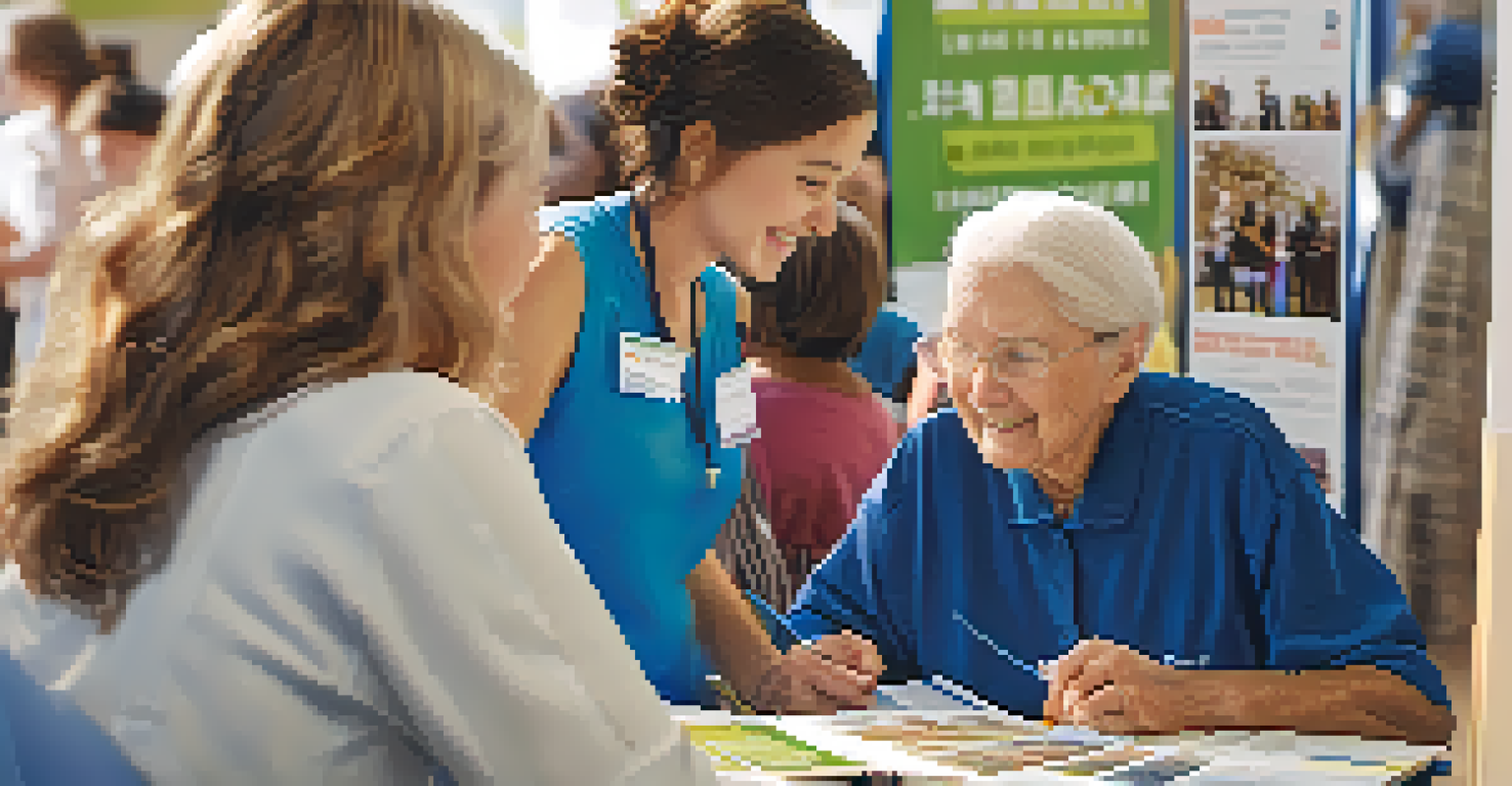 A close-up of a volunteer helping an elderly person at a health fair, showcasing a warm interaction.