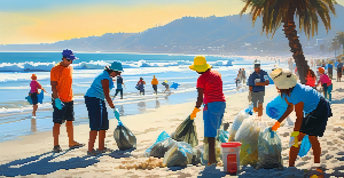 A group of volunteers participating in a beach cleanup at Santa Monica, with clear skies and gentle waves in the background.