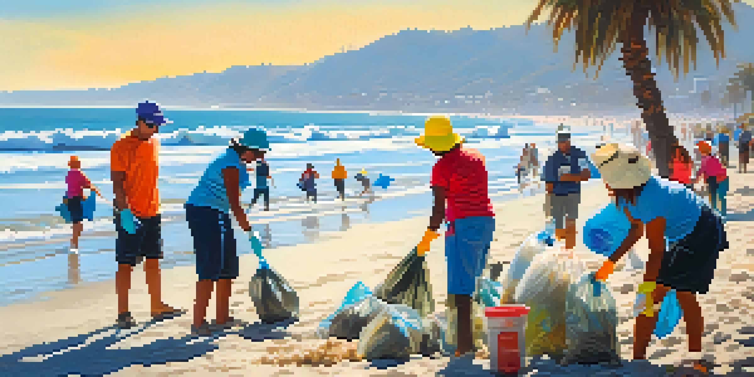 A group of volunteers participating in a beach cleanup at Santa Monica, with clear skies and gentle waves in the background.