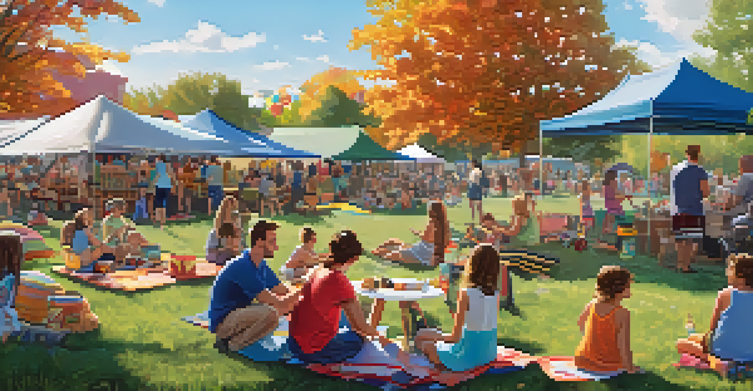 A family enjoying a summer festival with children doing crafts and a band performing on stage in the background.