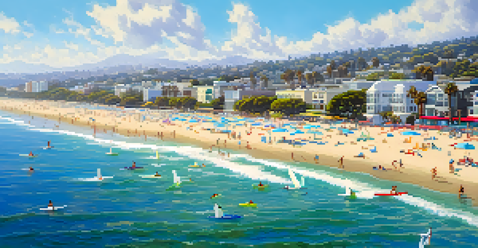 An aerial view of Santa Monica beach with clear waters, beachgoers engaging in water sports, and colorful beach umbrellas.