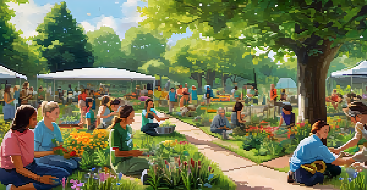 Participants in a vibrant outdoor workshop on sustainable living, engaging in planting and learning activities in a sunny park.