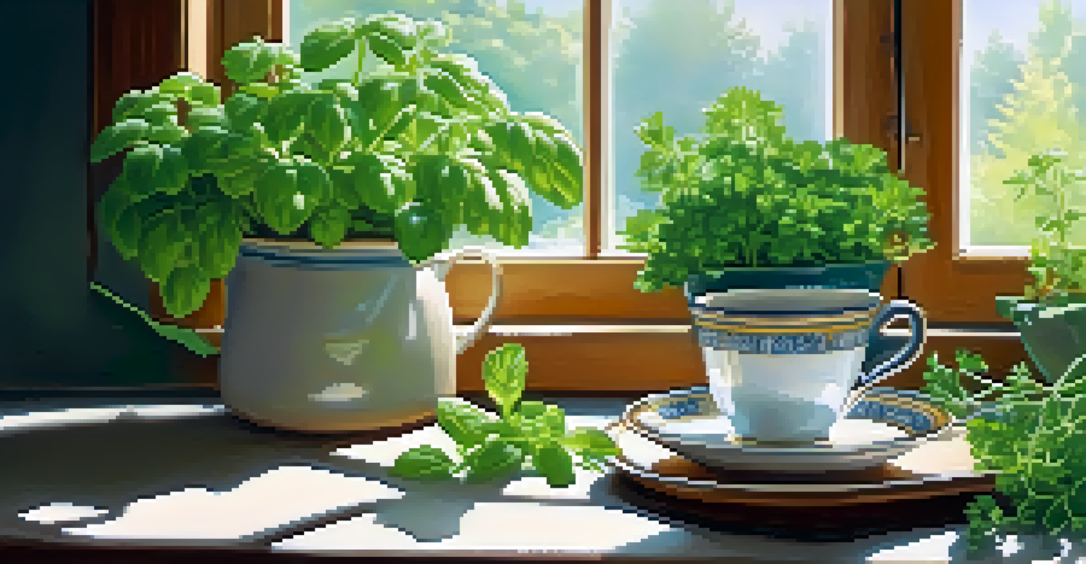 A kitchen scene featuring fresh herbs and a cup of chamomile tea, illuminated by soft sunlight coming through a window.