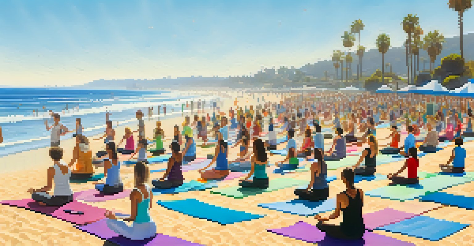 A community yoga event on the beach with participants practicing on mats, surrounded by ocean and sky.
