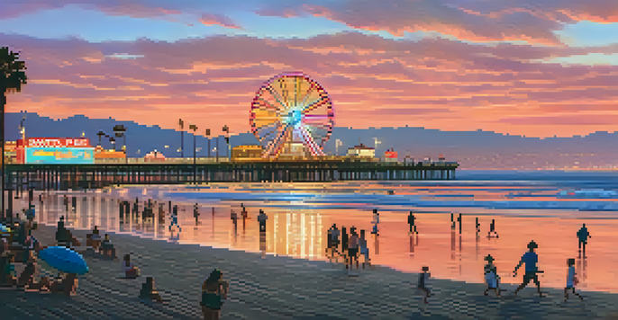 A scenic sunset view of Santa Monica Pier, with a colorful sky and illuminated attractions.