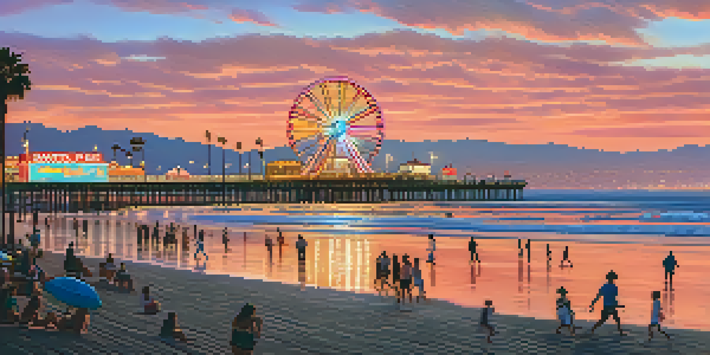 A scenic sunset view of Santa Monica Pier, with a colorful sky and illuminated attractions.