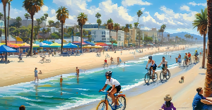 A colorful scene of Santa Monica Beach with people riding bicycles along the beachfront bike path under a blue sky.