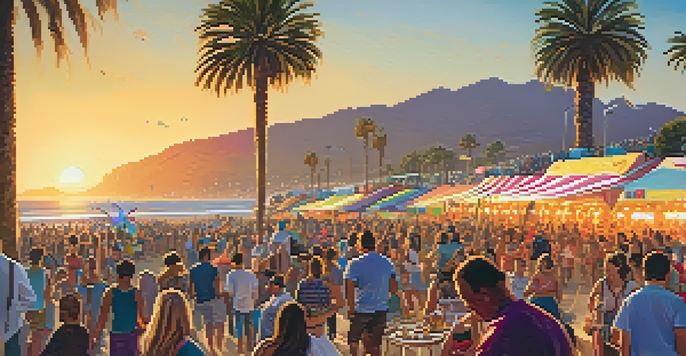 Crowd enjoying a vibrant music festival on the beach in Santa Monica with colorful banners and sunset.