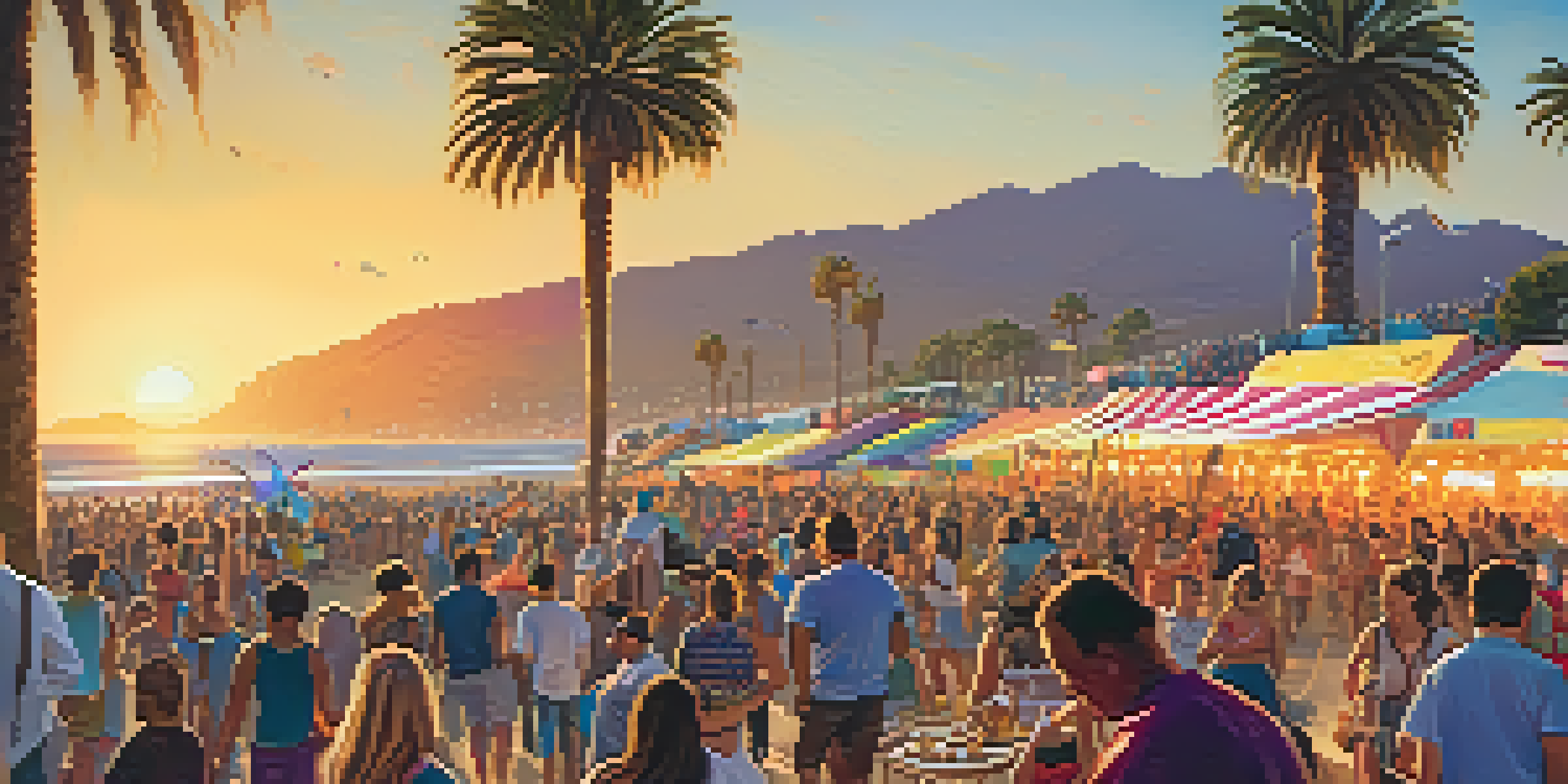 Crowd enjoying a vibrant music festival on the beach in Santa Monica with colorful banners and sunset.