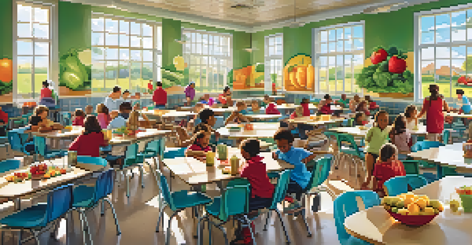 A lively school cafeteria with children happily eating healthy meals surrounded by colorful fruits and vegetables.