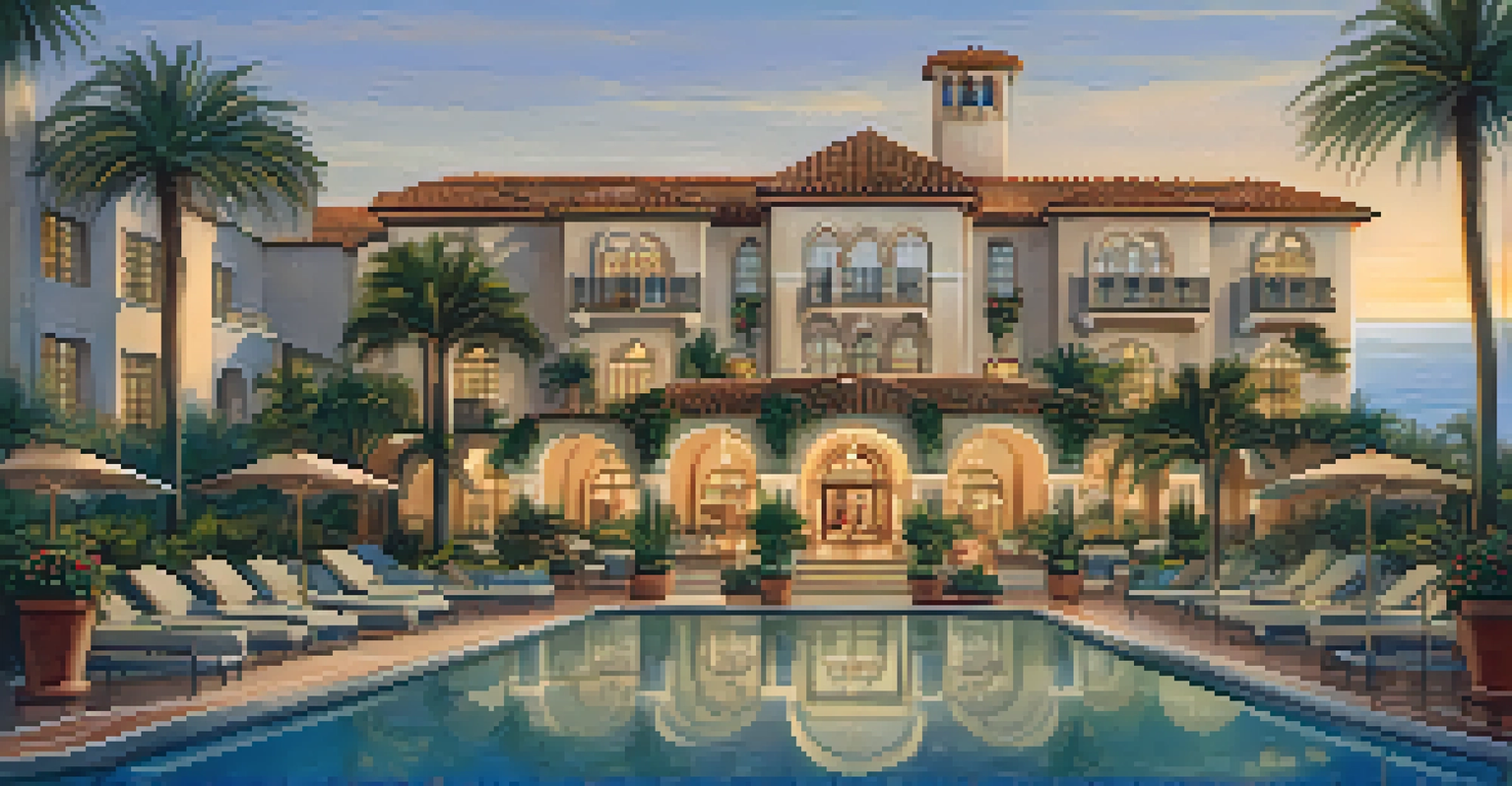 The exterior of Casa Del Mar hotel with Mediterranean architecture and beautiful landscaping, set against a coastal backdrop.