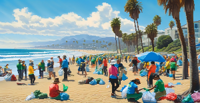 Volunteers of different ages and ethnicities working together on a sunny beach to clean up litter, with the ocean and palm trees in the background.