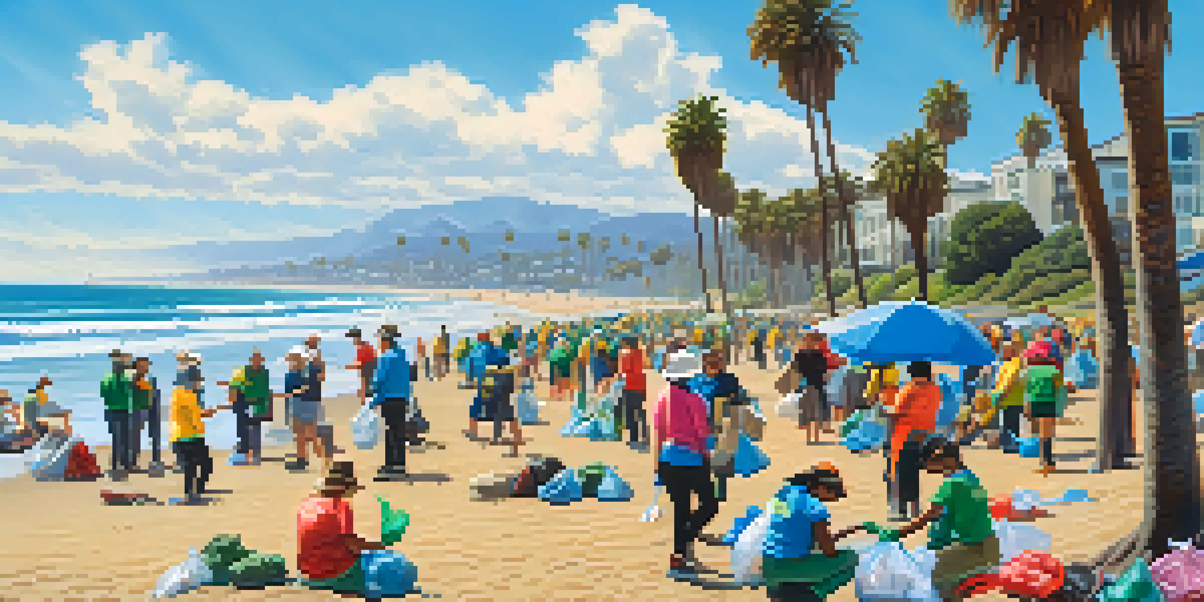 Volunteers of different ages and ethnicities working together on a sunny beach to clean up litter, with the ocean and palm trees in the background.