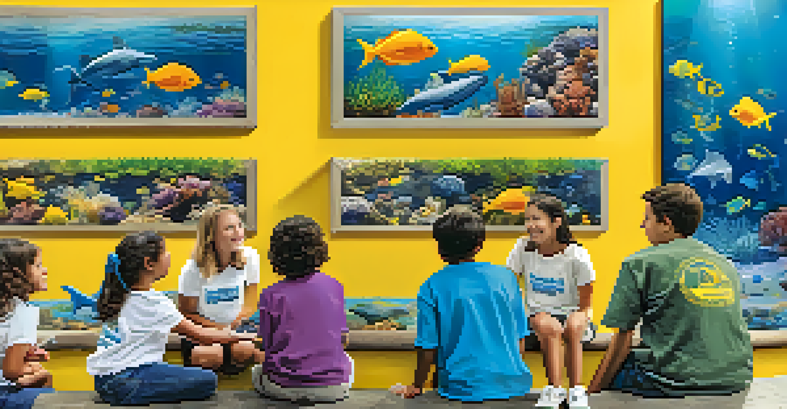 Volunteers at the Santa Monica Pier Aquarium engaging with children, surrounded by colorful marine life and educational exhibits.