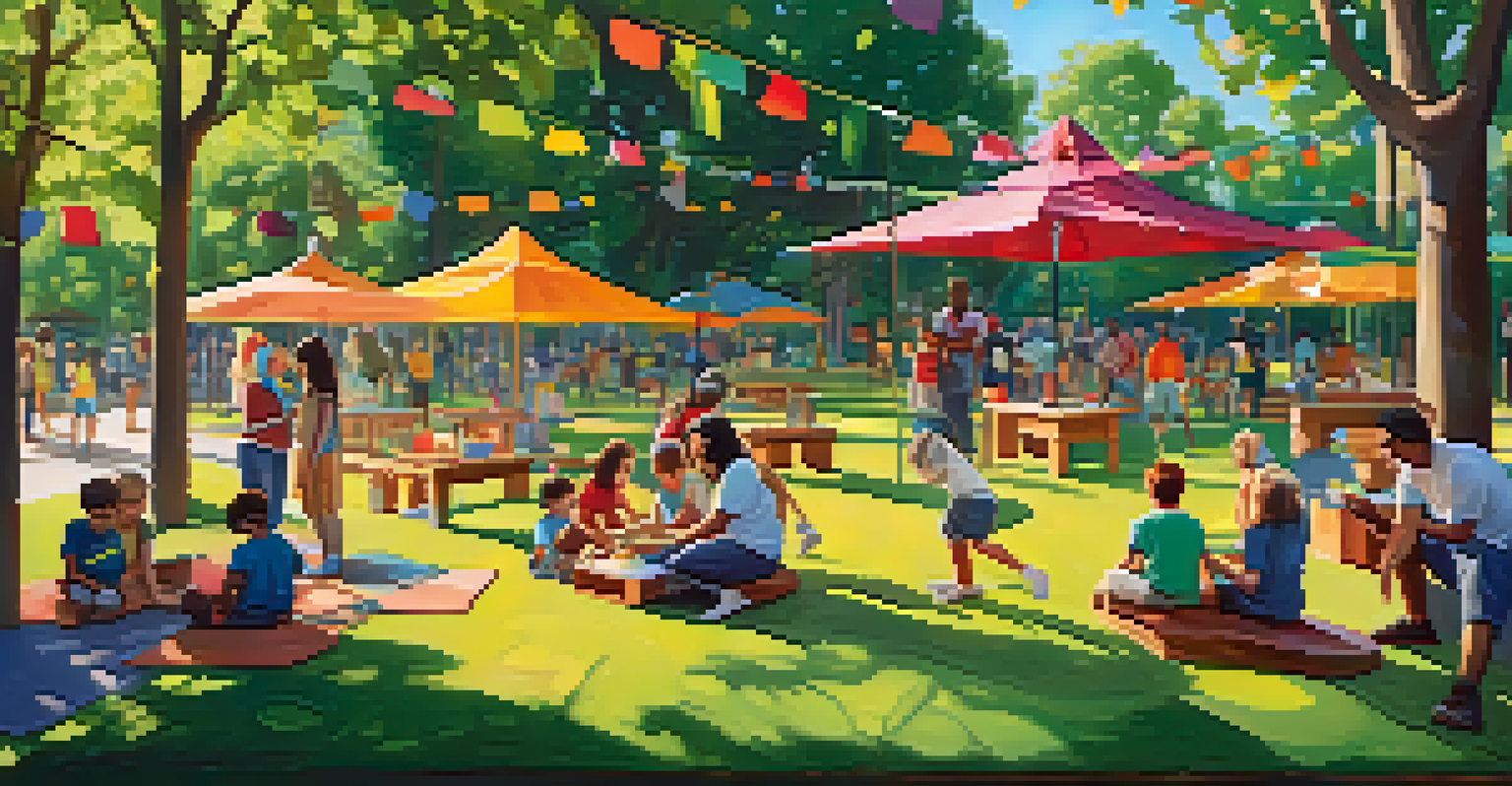Families participating in an interactive art workshop in a park, surrounded by colorful supplies and lush greenery.