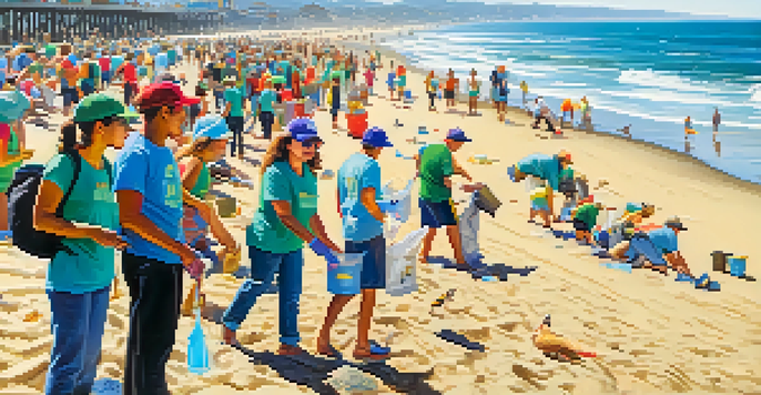 A diverse group of volunteers participating in a coastal clean-up at Santa Monica Beach, with the pier in the background and bright sunlight reflecting on the ocean.