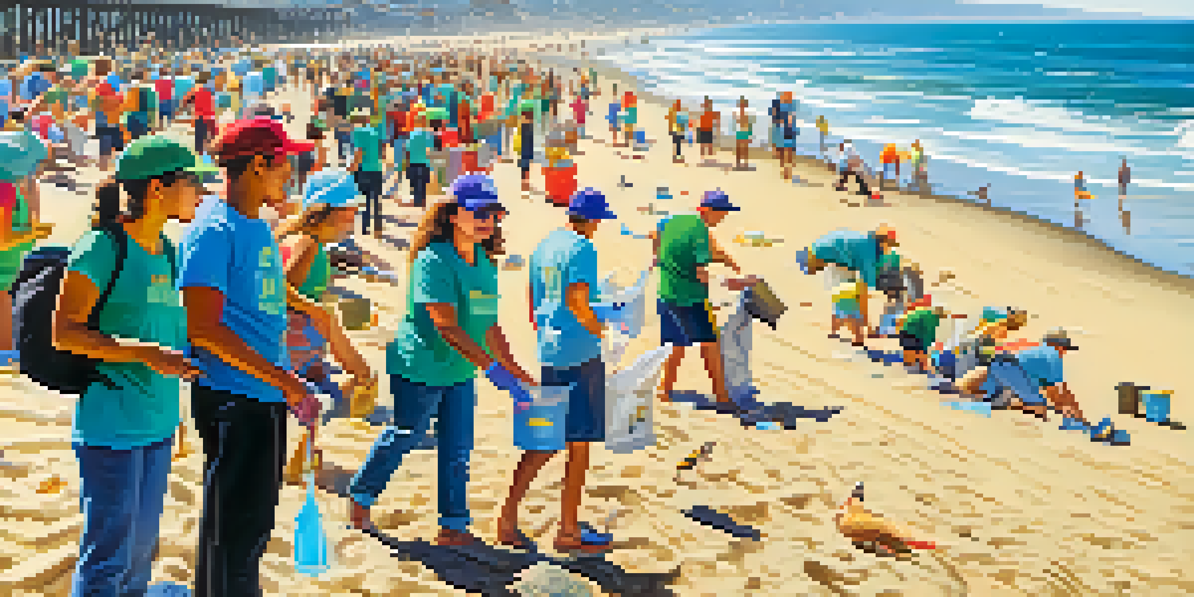 A diverse group of volunteers participating in a coastal clean-up at Santa Monica Beach, with the pier in the background and bright sunlight reflecting on the ocean.