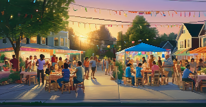 A lively block party with diverse families enjoying food and games, surrounded by colorful decorations and warm sunset lighting.