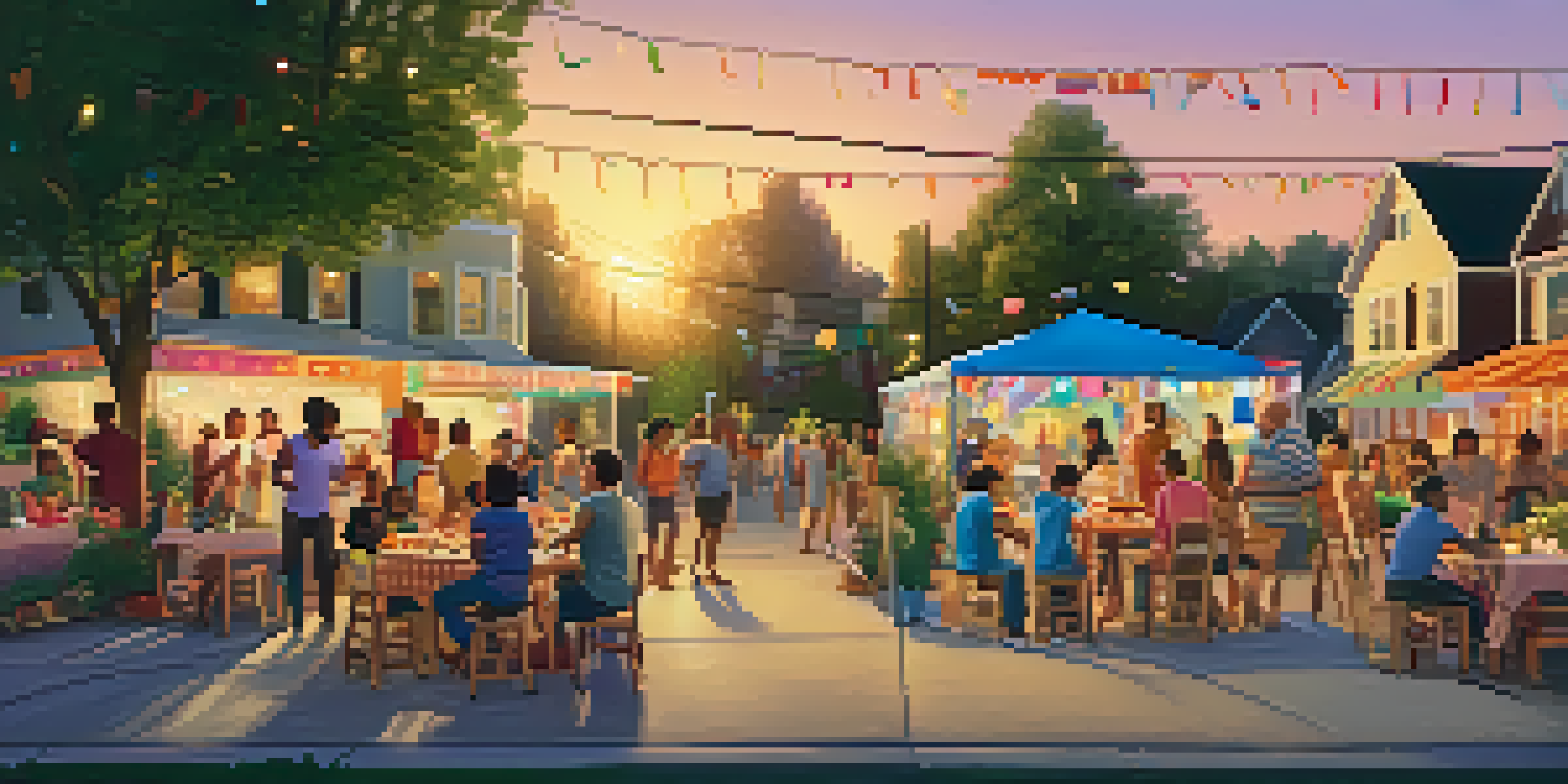 A lively block party with diverse families enjoying food and games, surrounded by colorful decorations and warm sunset lighting.