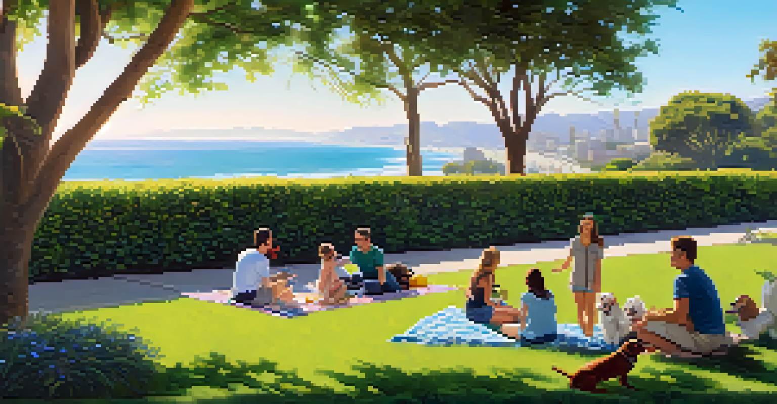 A dog park in Santa Monica with dogs playing and ocean views in the background on a sunny day.