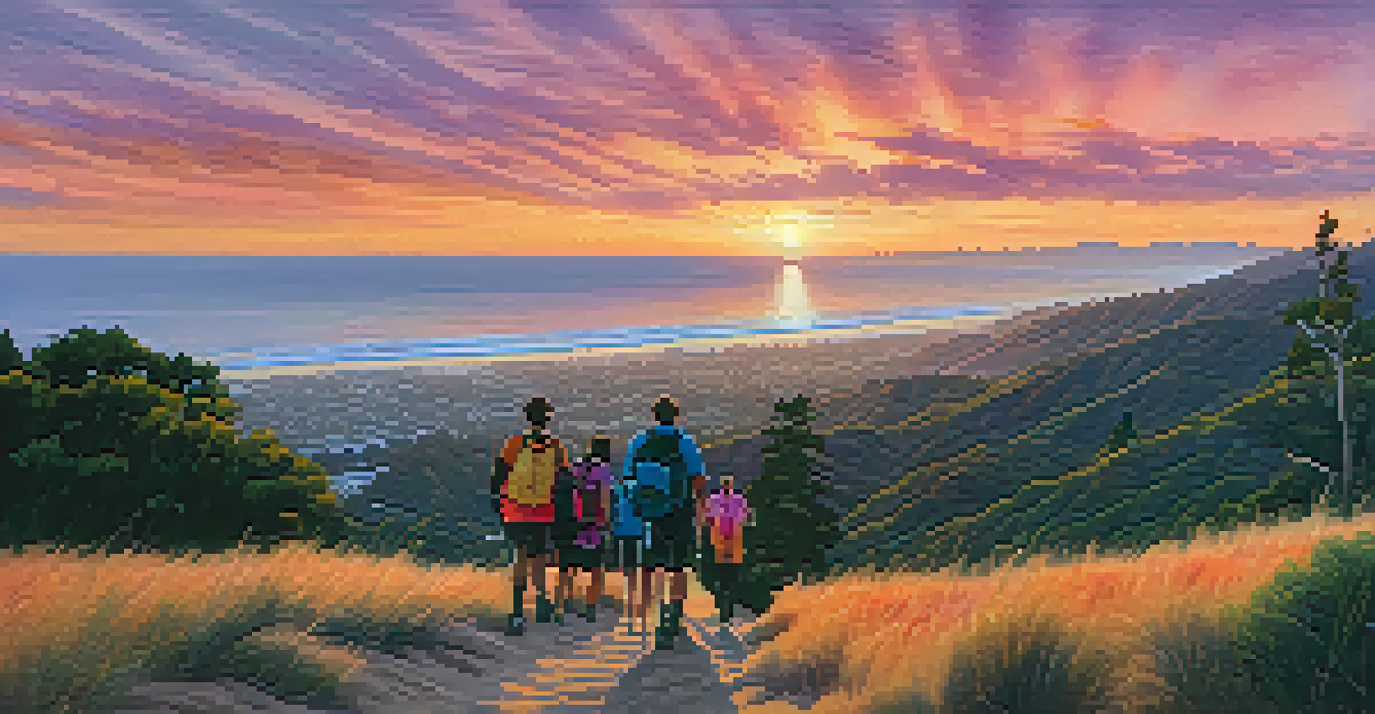 A breathtaking summer sunset in Santa Monica with hikers silhouetted against a vibrant sky filled with orange, pink, and purple hues.